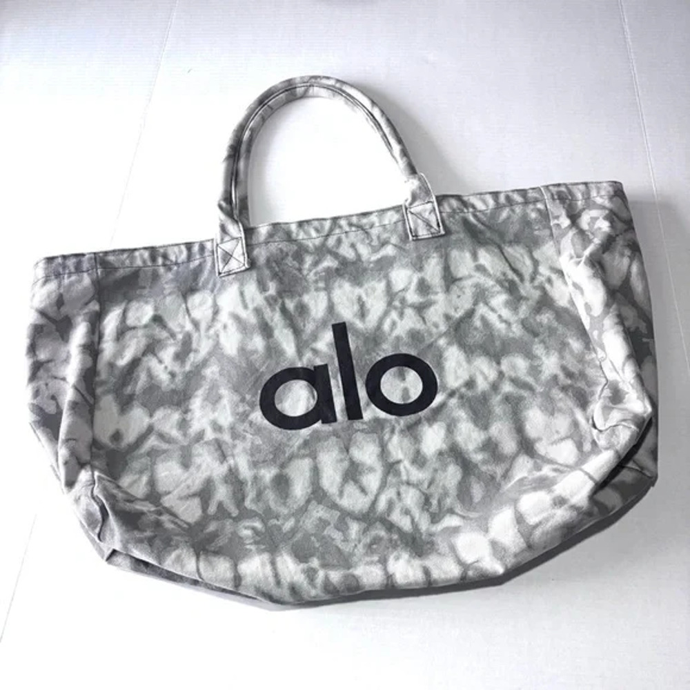 Alo Yoga Large Tie Dye Canvas Tote Bag Gray White Logo Gym Beach Carryall - Picture 9 of 16